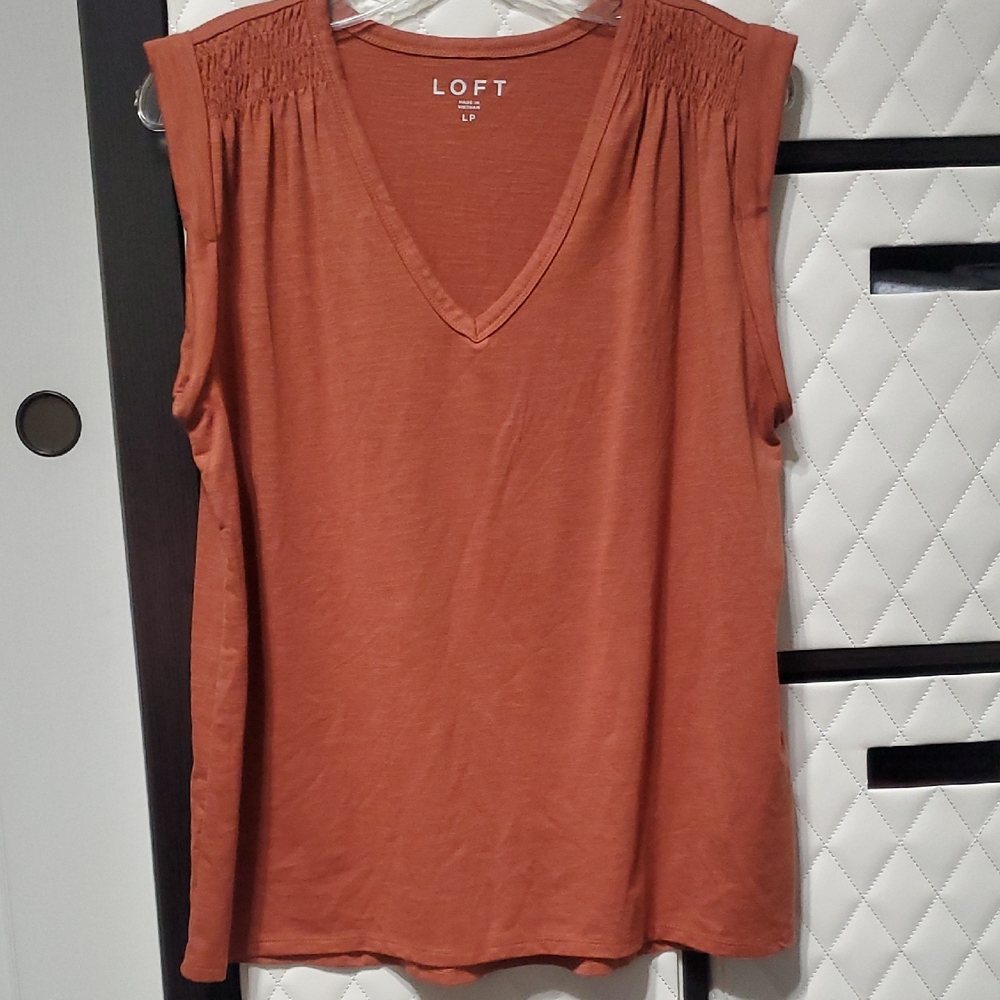 LOFT Rust V-Neck Sleeveless Tank with Shirred Shoulders